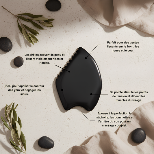 Gros plan du Gua Sha montrant ses cinq rebords distincts pour sculpter et stimuler les traits du visage.