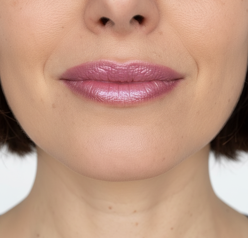 Close-up of lips wearing Lisa Noto metallic lilac lip gloss, soft luminous shine with a subtle metallic finish and hydrated smooth texture.