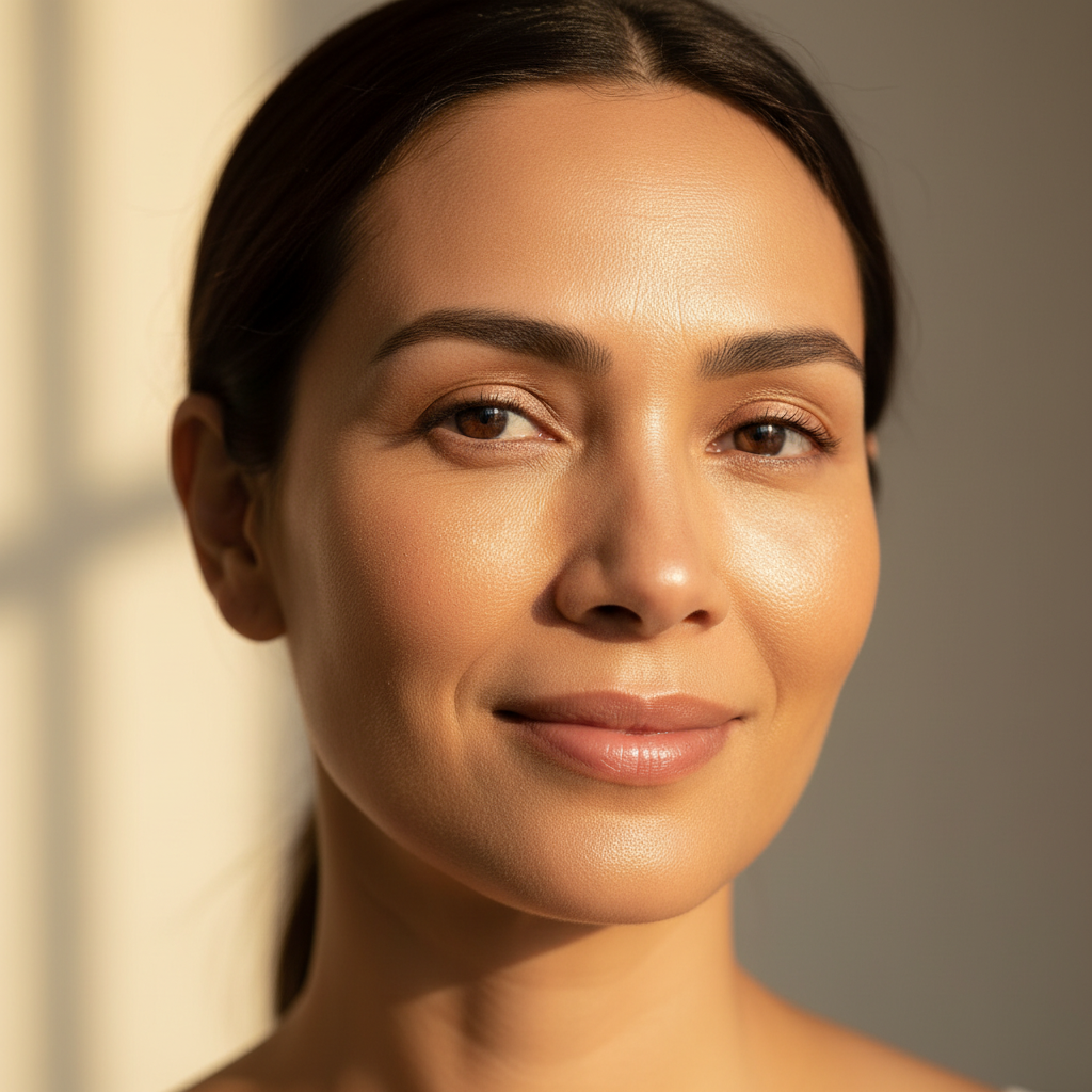 Model wearing Lisa Noto mineral bronzer with radiant, natural-looking complexion