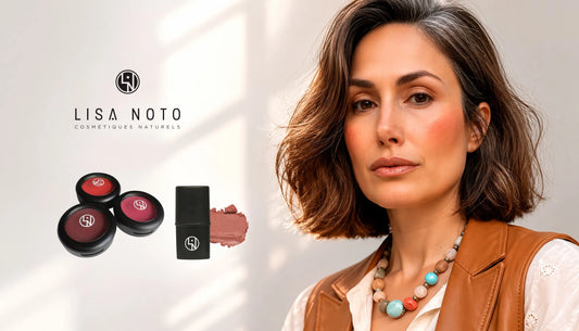 Model wearing natural makeup featuring Lisa Noto Éclat Naturel Balm and Radiant Energy Balm in a minimalist editorial beauty campaign with soft neutral tones and luminous skin.