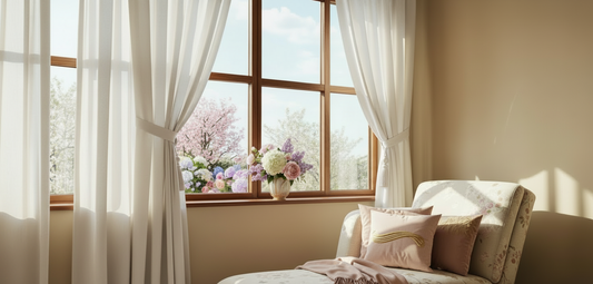 Lumière du matin dans un intérieur minimaliste avec thé et plantes, ambiance calme de renouveau pour accueillir le printemps et un mode de vie holistique.