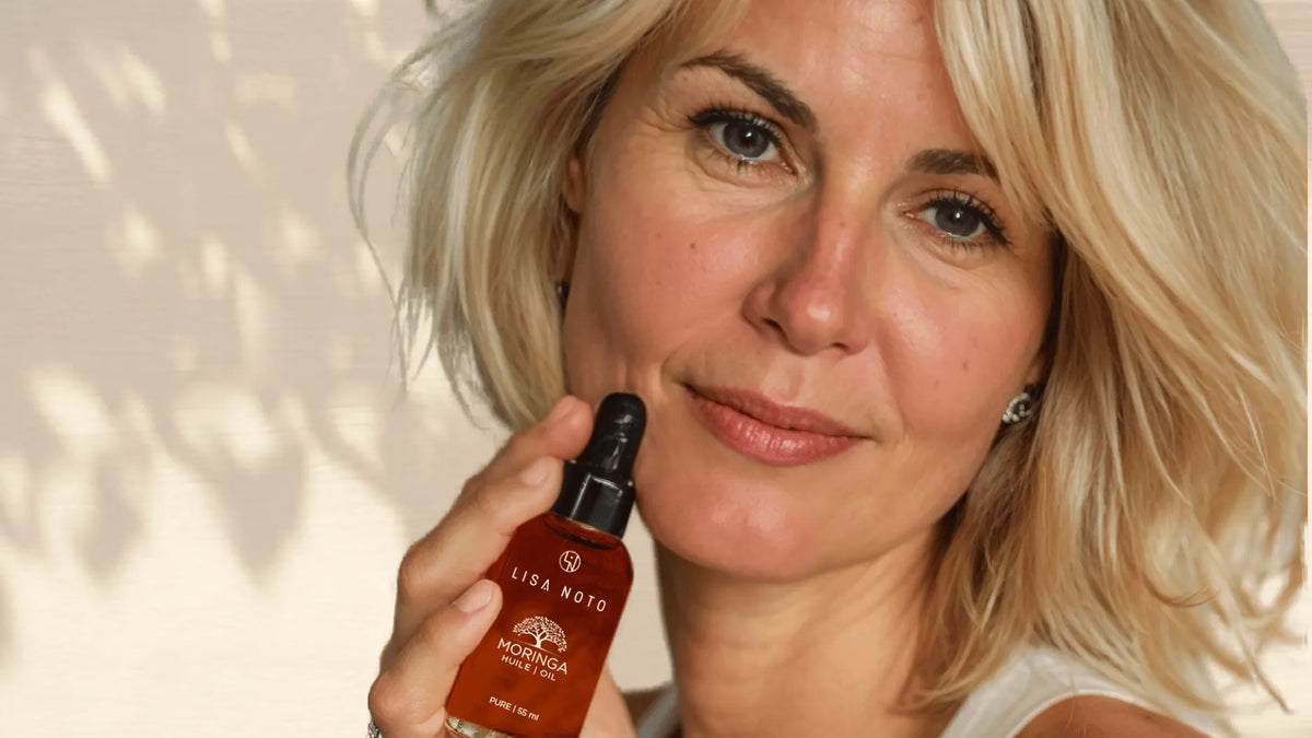 Close-up of Lisa Noto Trending Now collection products with moringa oil for mature skin
