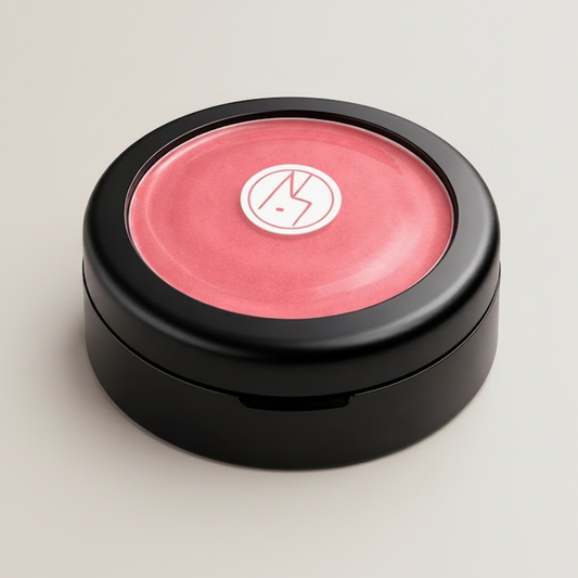 Baume lèvres et joues naturel Pastille Éclat Énergisant Watermelon dans un boîtier noir minimaliste sur fond gris pâle