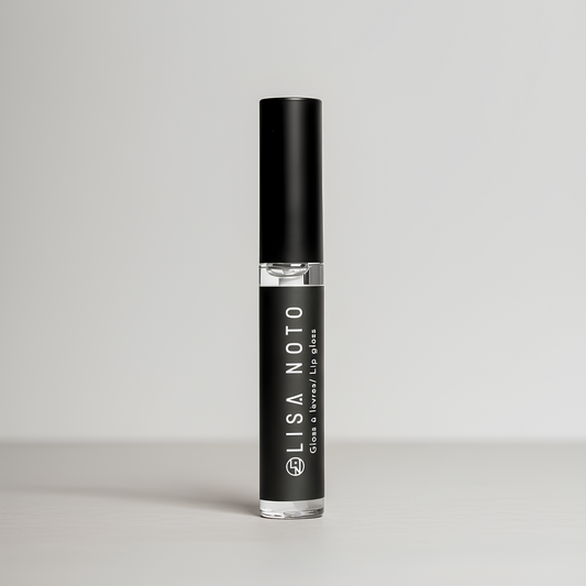 Clear hydrating natural lip gloss on grey background