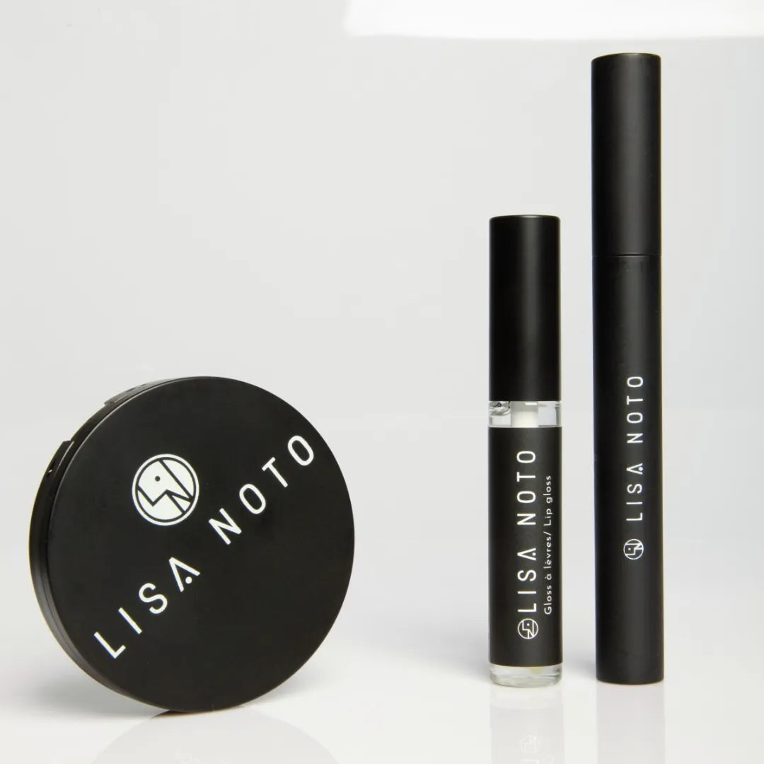 Complete makeup trio with volumizing mascara, mineral bronzer and hydrating lip gloss. Natural, radiant look in a few simple steps.