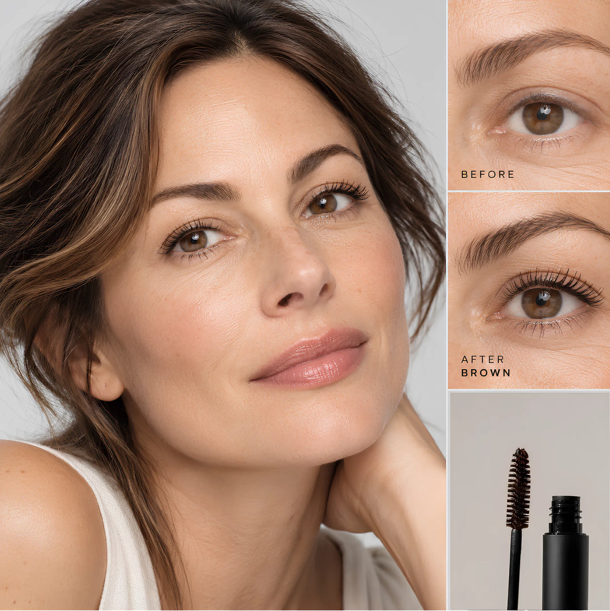 Mascara naturel volumisant Lisa Noto couleur Marron – résultat naturel sur les cils et brosse précision