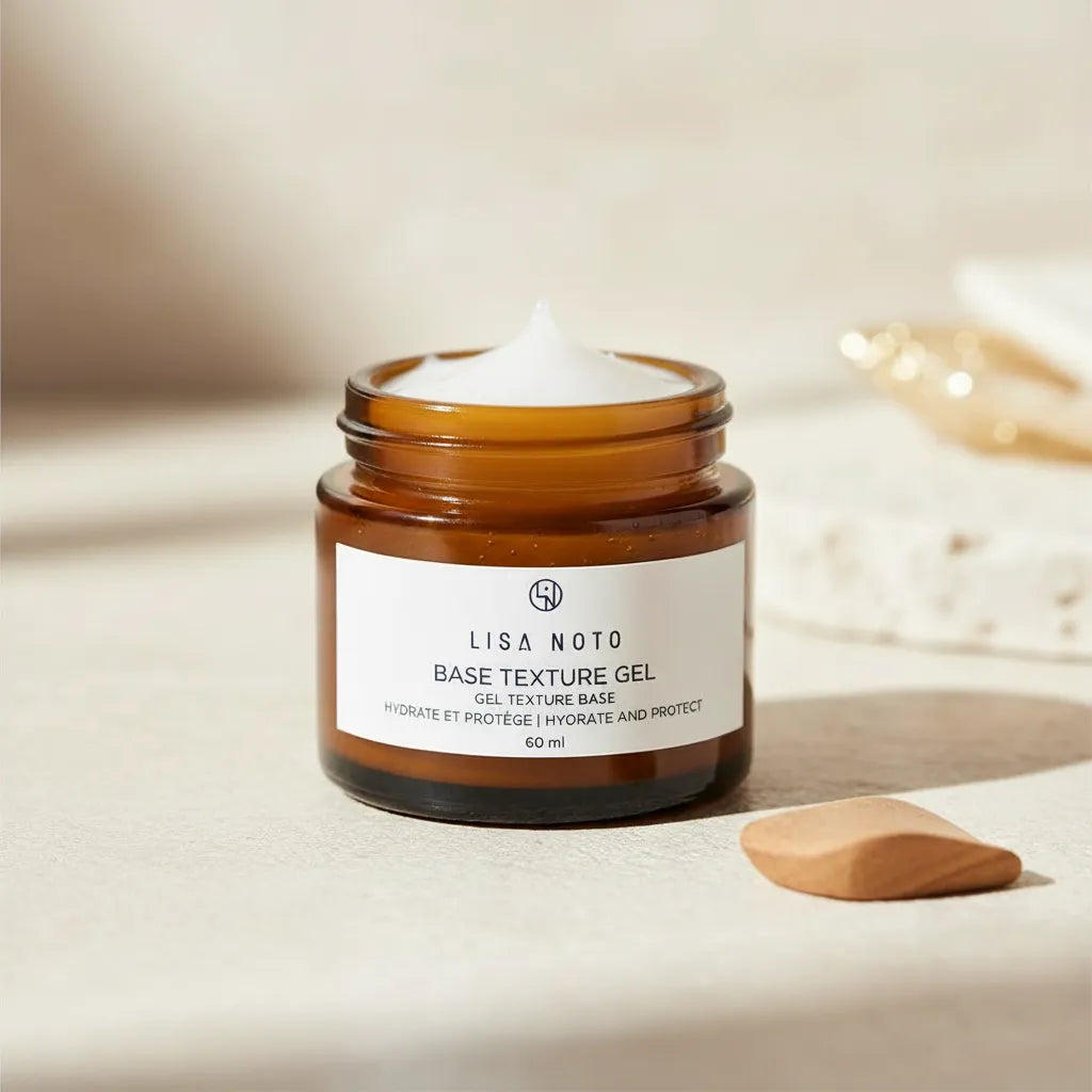 A refined, minimalist product portrait of the Lisa Noto Natural Cosmetics gel-textured base, presented as a hero beauty product. The jar is centered and softly illuminated by natural daylight, highlighting the smooth, translucent gel texture and its fresh, luminous quality. The product looks clean, luxurious, and inviting.

Lighting is soft and diffused, creating gentle reflections and a subtle glow without harsh shadows. The background is calm and uncluttered, featuring soft neutral tones such as cream, wa