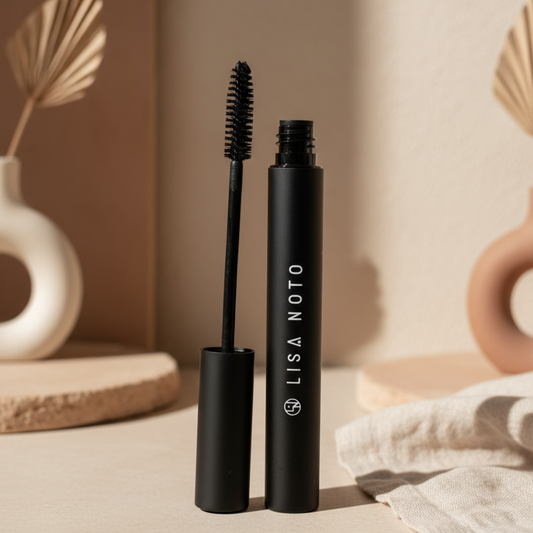 Mascara naturel volumisant LISA NOTO avec formule douce et ingrédients botaniques pour cils longs et épais, idéal pour yeux sensibles.