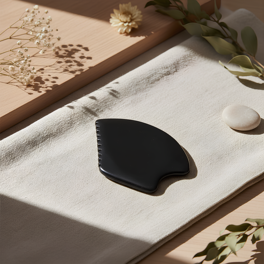 Gua Sha à cinq rebords en pierre naturelle posé sur une surface claire, symbole de beauté naturelle et de rituel bien-être.