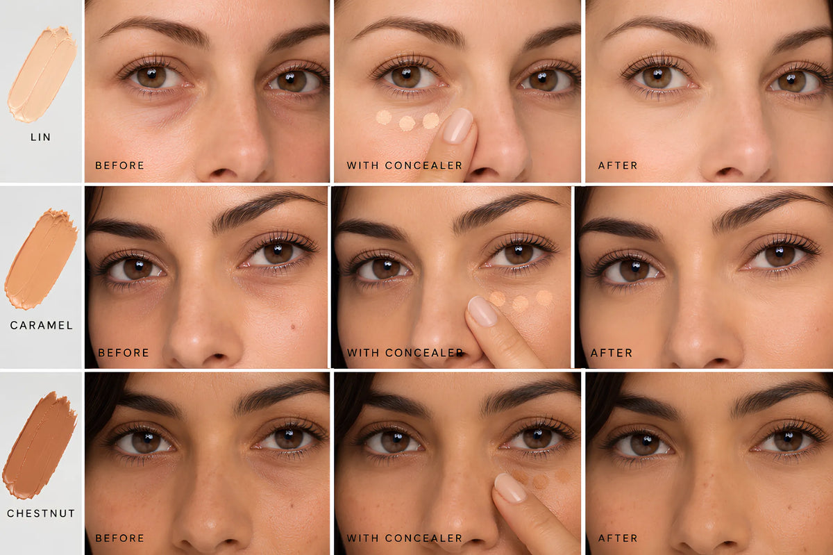 Correcteur Crème Haute Couvrance Lisa Noto en teintes Lin, Caramel et Chestnut – application et résultat avant-après sur différentes carnations.