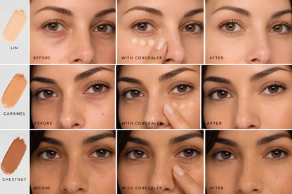 Correcteur Crème Haute Couvrance Lisa Noto en teintes Lin, Caramel et Chestnut – application et résultat avant-après sur différentes carnations.