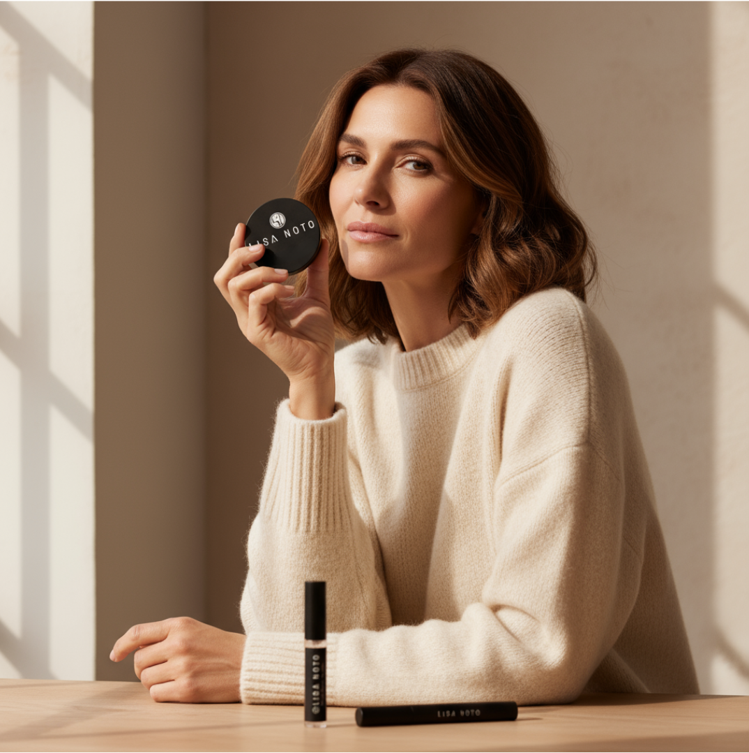 Lisa Noto mineral bronzer held by model with natural sun-kissed glow and luminous skin