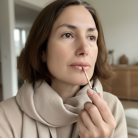 Applying the Lisa Noto Hydrating Nude Lip Gloss – natural look and long-lasting hydration.